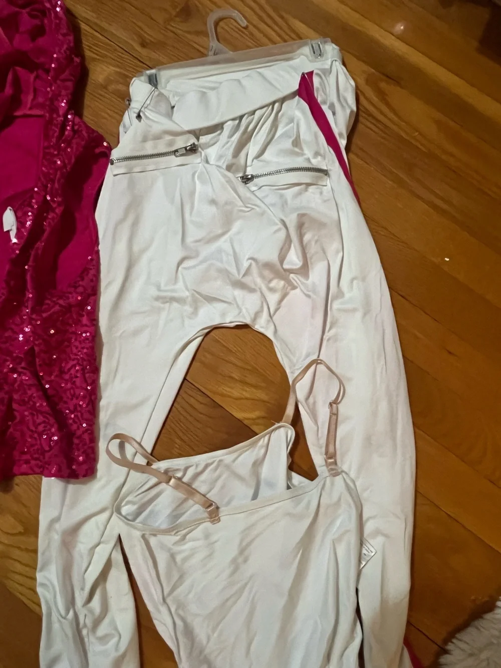 Weissman Fuchsia Sequin Hooded Top with White Loungewear Bottoms